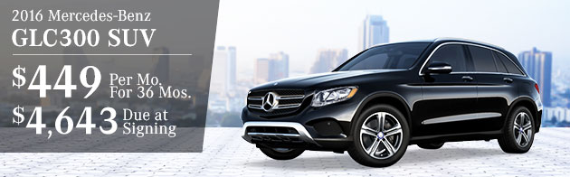 2016 Mercedes-Benz GLC300 SUV $449/mo for 36 months $4,643 due at signing 36 month lease, 10K miles per year $4,643 due at inception. All payments, plus title, taxes, and tag. Cash due at signing includes $3,399 capitalized cost reduction, $795 acquisition fee and first month's lease payment of $449. No security deposit required. Expires 8/31/2016. 
