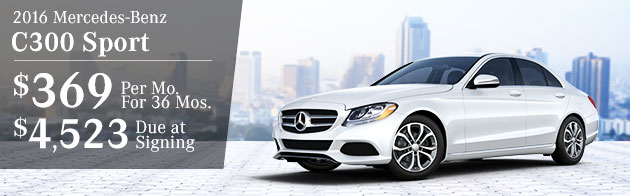 2016 Mercedes-Benz C300 Sport $369/mo for 36 months $4,523 due at signing 36 month lease, 10K miles per year $4,523 due at inception. All payments, plus title, taxes, and tag. Cash due at signing includes $3,359 capitalized cost reduction, $795 acquisition fee and first month's lease payment of $369. No security deposit required. Expires 8/31/2016. 