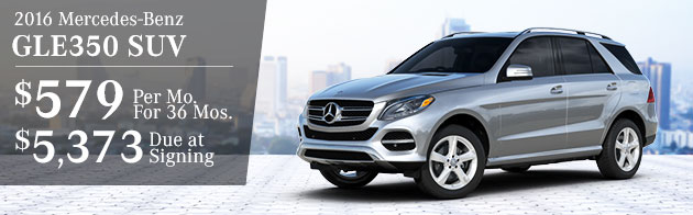 2016 Mercedes-Benz GLE350 SUV $579/mo for 36 months $5,373 due at signing 36 month lease, 10K miles per year $5,373 due at inception. All payments, plus title, taxes, and tag. Cash due at signing includes $3,999 capitalized cost reduction, $795 acquisition fee and first month's lease payment of $579. No security deposit required. Expires 8/31/2016. 