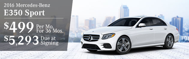 2016 Mercedes-Benz E350 Sport $499/mo for 36 months $5,293 due at signing 36 month lease, 10K miles per year $5,293due at inception. All payments, plus title, taxes, and tag. Cash due at signing includes $3,999 capitalized cost reduction, $795 acquisition fee and first month's lease payment of $499. No security deposit required. Expires 8/31/2016.